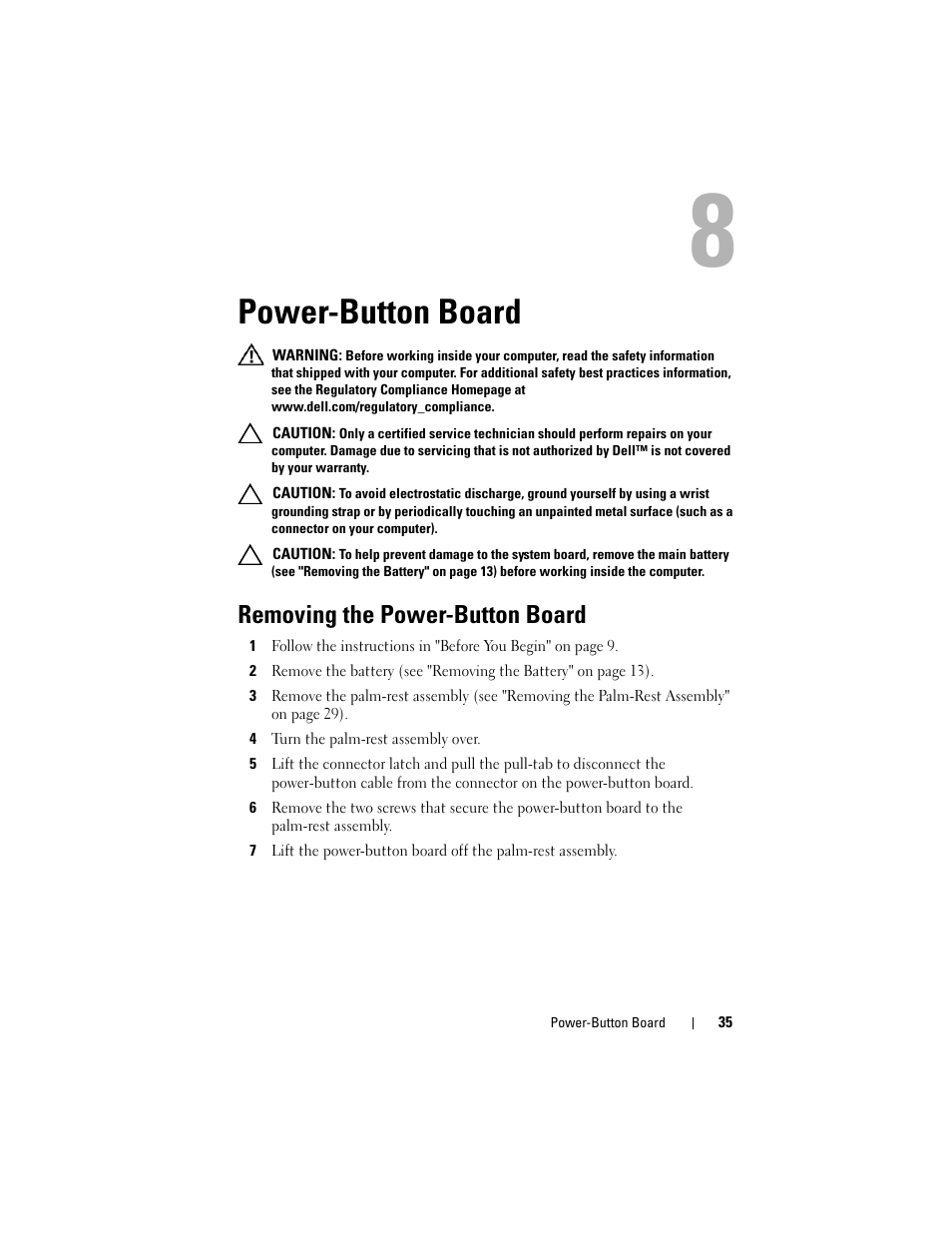 Power-button board, Removing the power-button board, 4 turn the palm-rest assembly over | Dell XPS 15 (L501X, Late 2010) User Manual | Page 35 / 114