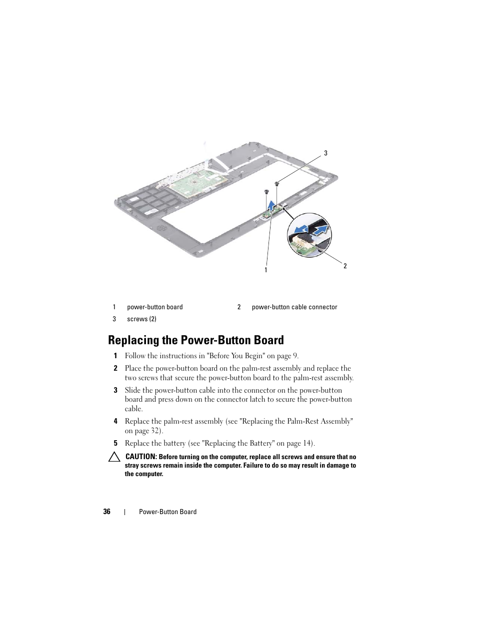 Replacing the power-button board | Dell XPS 15 (L501X, Late 2010) User Manual | Page 36 / 114