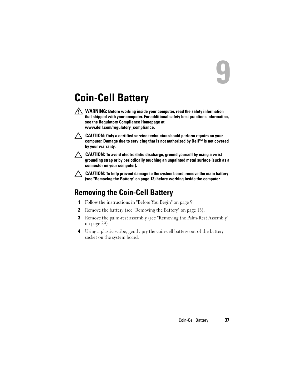 Coin-cell battery, Removing the coin-cell battery | Dell XPS 15 (L501X, Late 2010) User Manual | Page 37 / 114