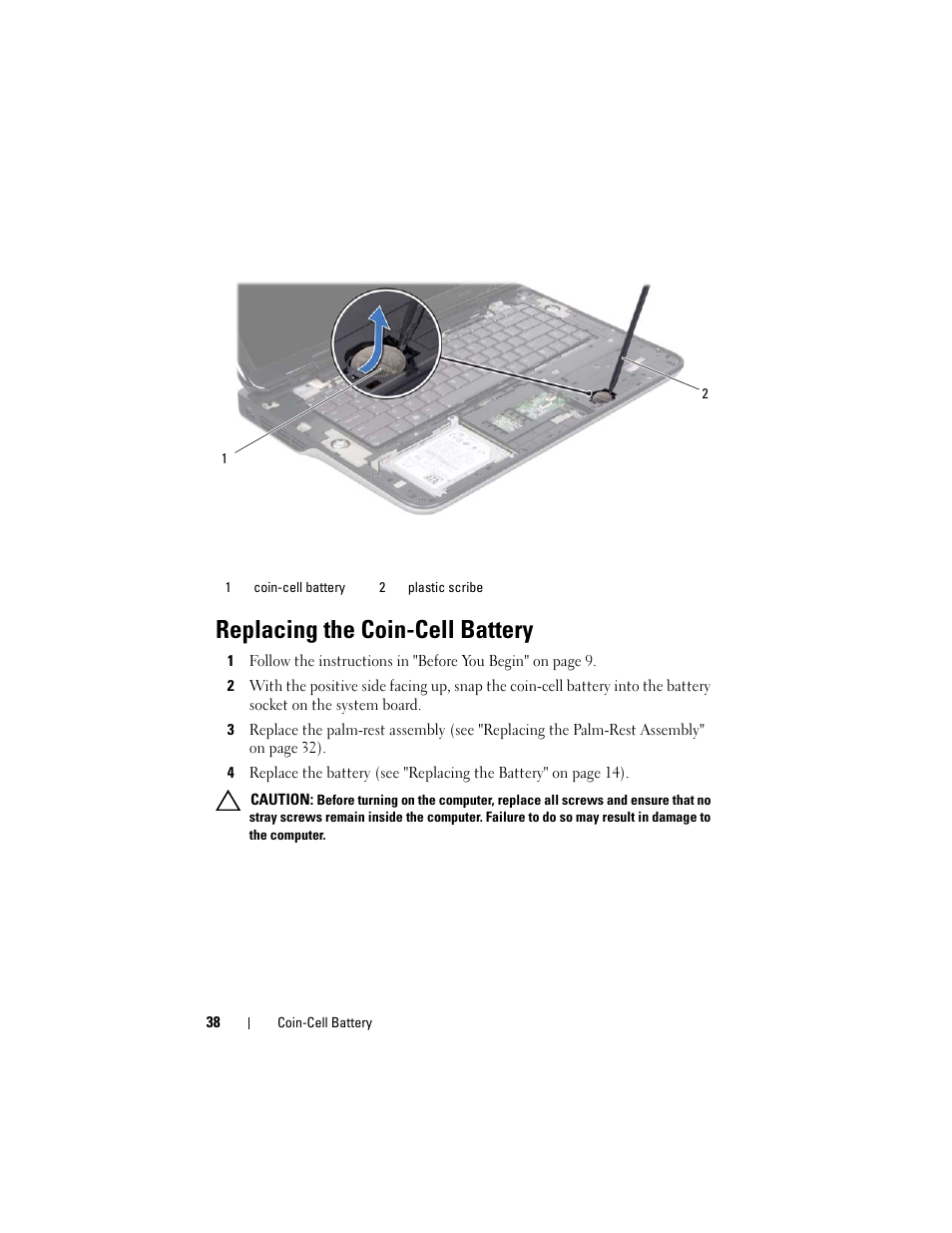 Replacing the coin-cell battery | Dell XPS 15 (L501X, Late 2010) User Manual | Page 38 / 114