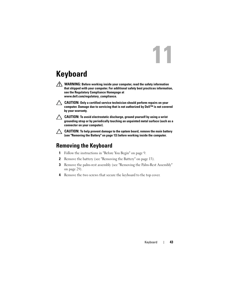 Keyboard, Removing the keyboard | Dell XPS 15 (L501X, Late 2010) User Manual | Page 43 / 114