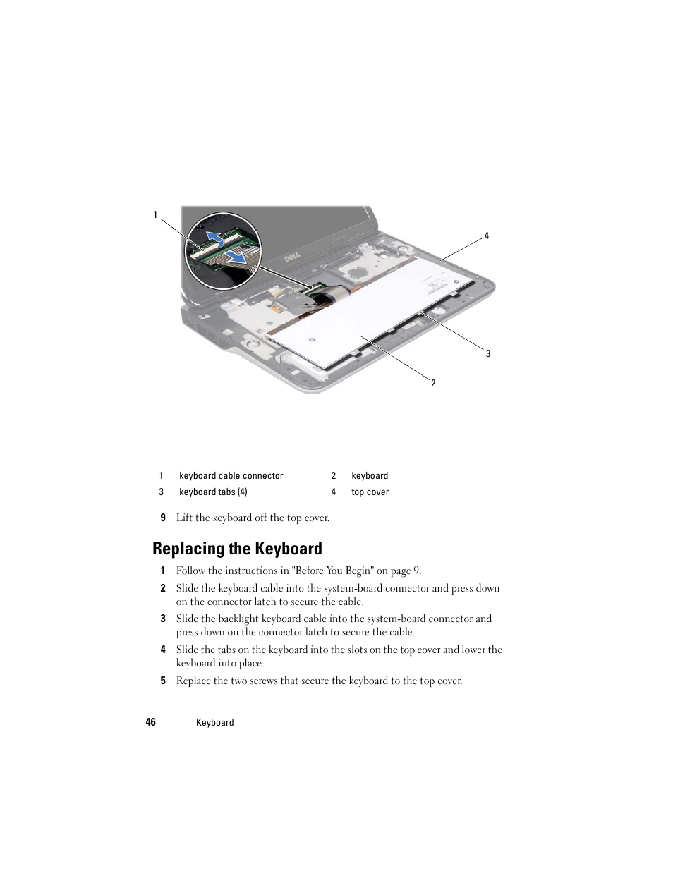 9 lift the keyboard off the top cover, Replacing the keyboard | Dell XPS 15 (L501X, Late 2010) User Manual | Page 46 / 114