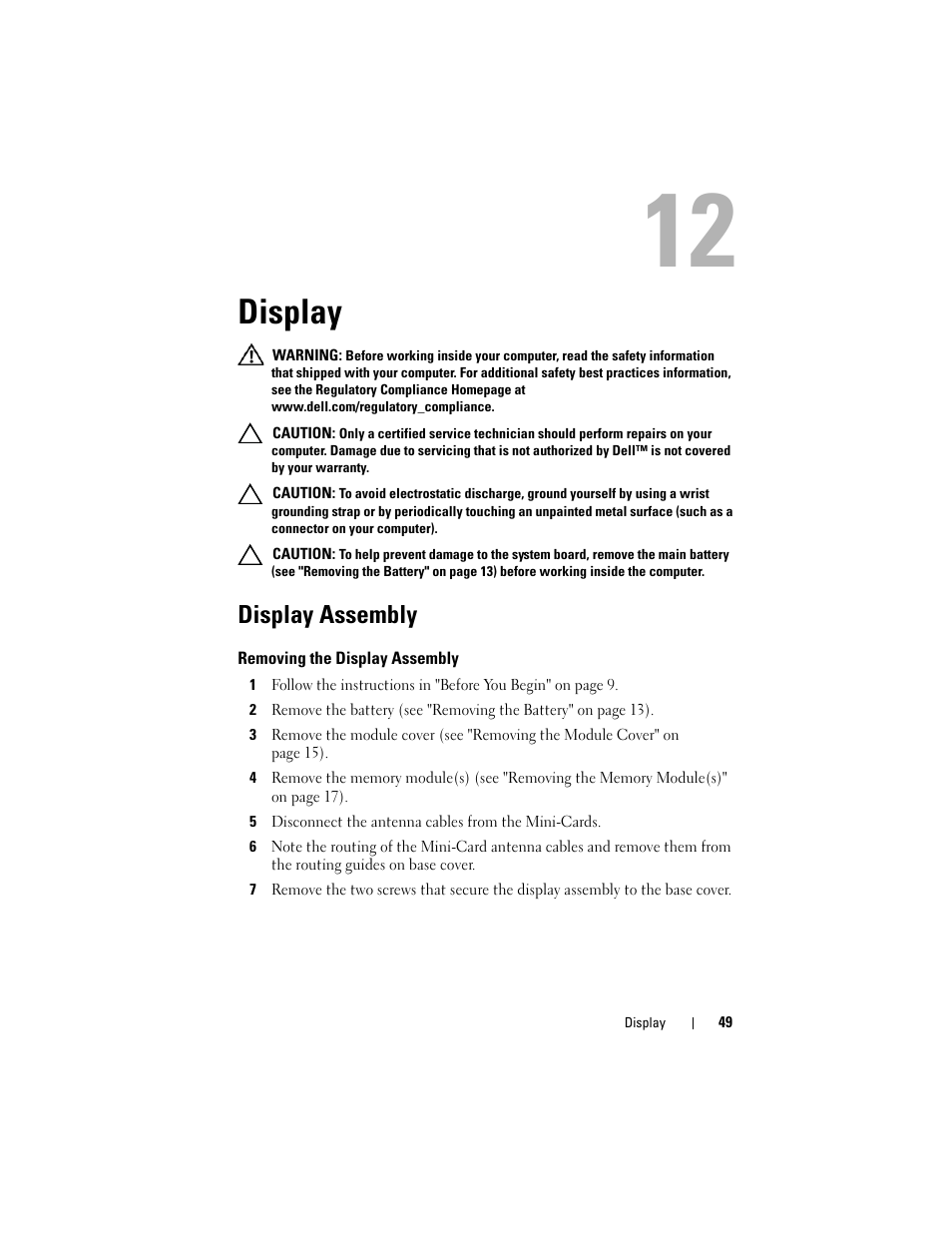 Display, Display assembly, Removing the display assembly | Dell XPS 15 (L501X, Late 2010) User Manual | Page 49 / 114