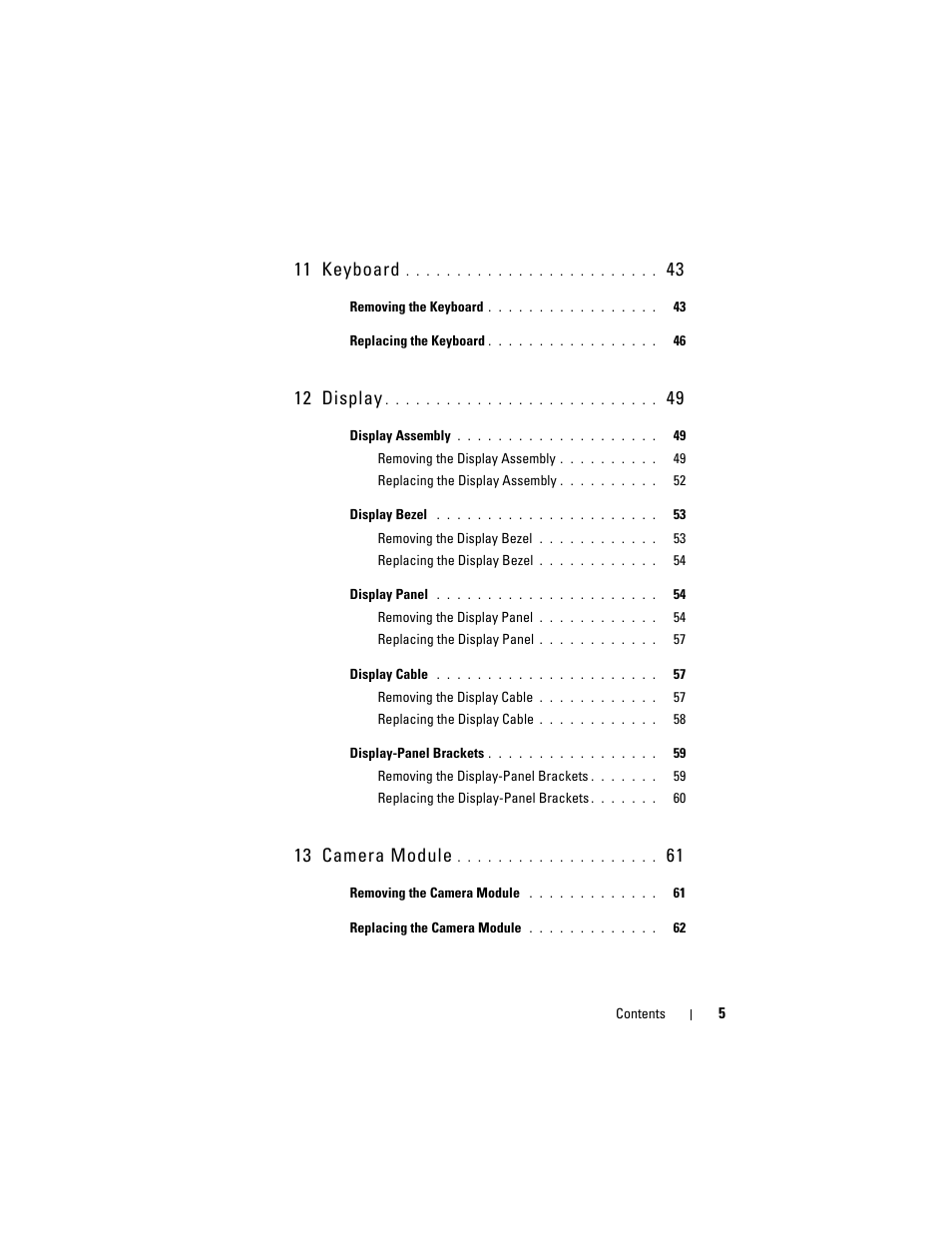 11 keyboard, 12 display, 13 camera module | Dell XPS 15 (L501X, Late 2010) User Manual | Page 5 / 114