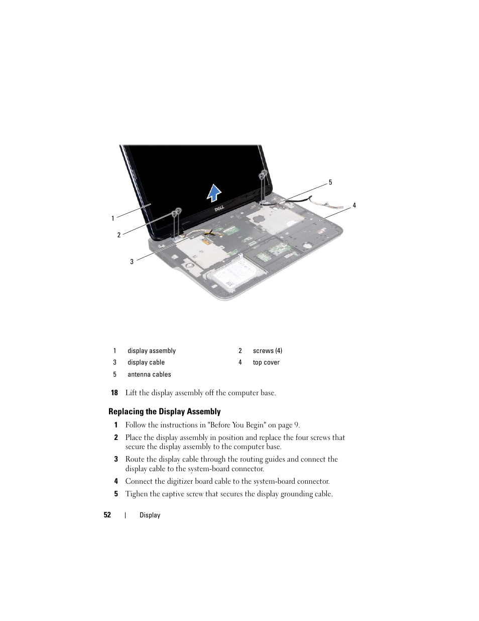 18 lift the display assembly off the computer base, Replacing the display assembly | Dell XPS 15 (L501X, Late 2010) User Manual | Page 52 / 114