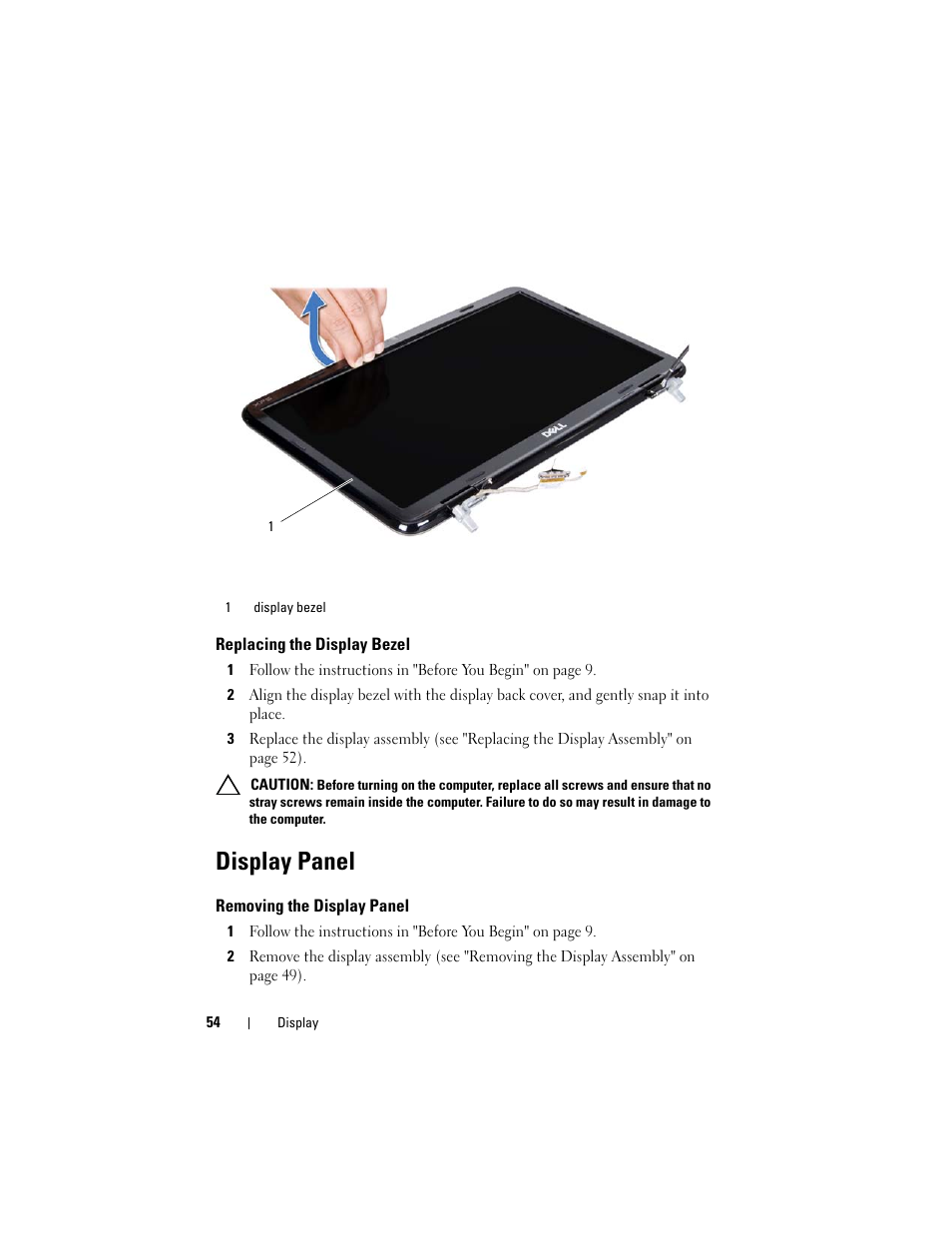 Replacing the display bezel, Display panel, Removing the display panel | Dell XPS 15 (L501X, Late 2010) User Manual | Page 54 / 114