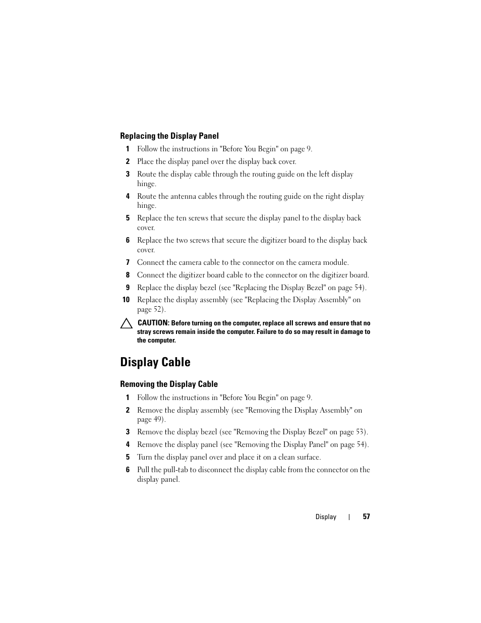 Replacing the display panel, Display cable, Removing the display cable | Dell XPS 15 (L501X, Late 2010) User Manual | Page 57 / 114