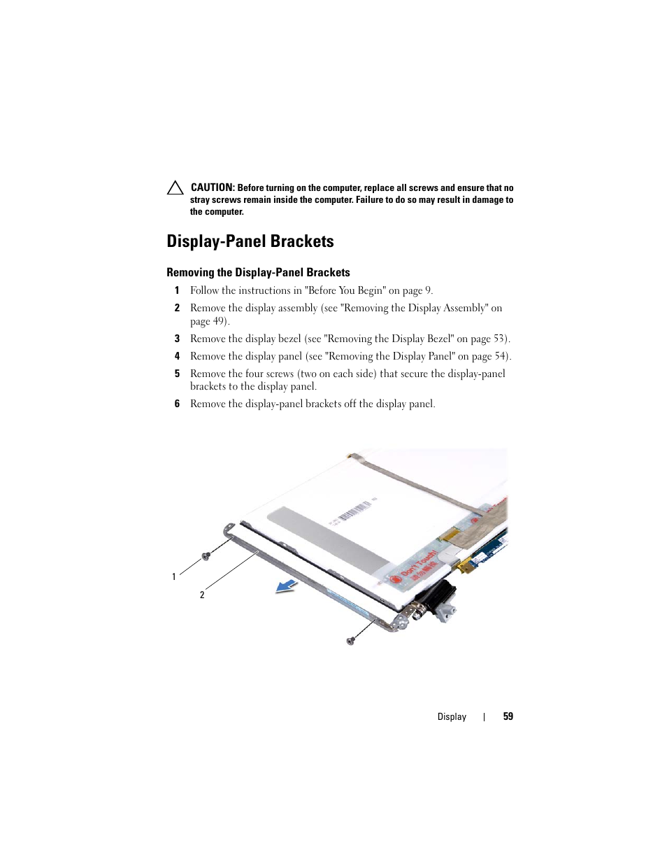 Display-panel brackets, Removing the display-panel brackets | Dell XPS 15 (L501X, Late 2010) User Manual | Page 59 / 114