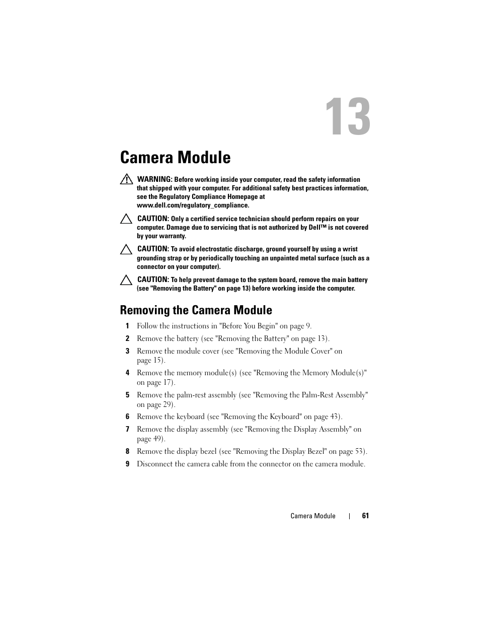 Camera module, Removing the camera module | Dell XPS 15 (L501X, Late 2010) User Manual | Page 61 / 114