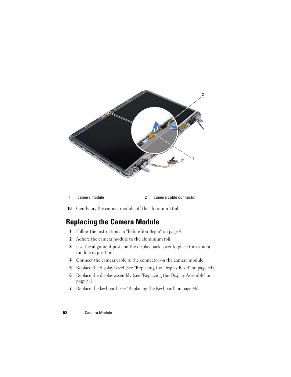 Replacing the camera module | Dell XPS 15 (L501X, Late 2010) User Manual | Page 62 / 114