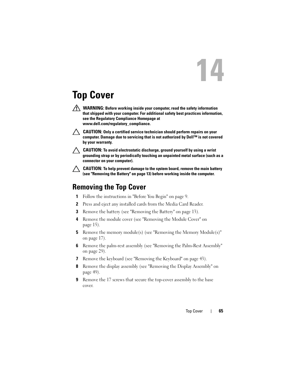 Top cover, Removing the top cover | Dell XPS 15 (L501X, Late 2010) User Manual | Page 65 / 114