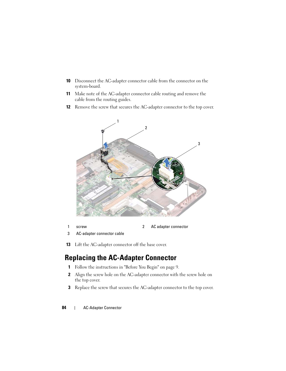 Replacing the ac-adapter connector, Replacing the ac-adapter | Dell XPS 15 (L501X, Late 2010) User Manual | Page 84 / 114