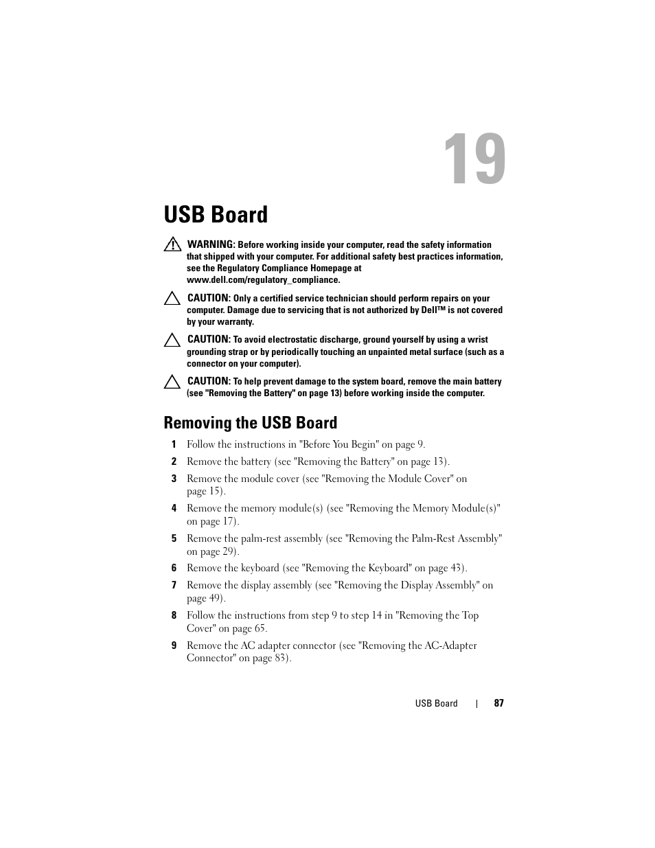 Usb board, Removing the usb board | Dell XPS 15 (L501X, Late 2010) User Manual | Page 87 / 114