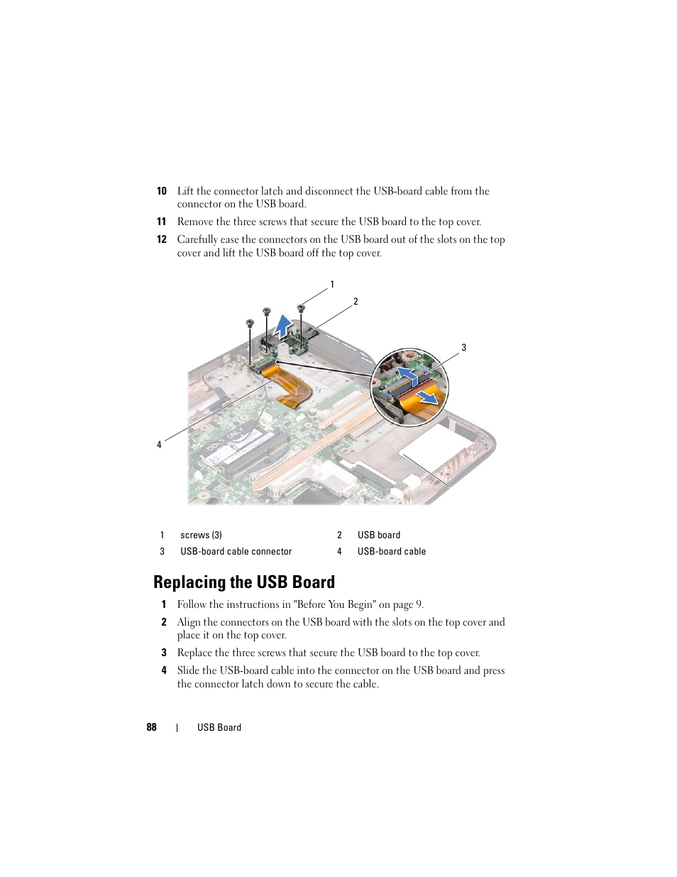 Replacing the usb board | Dell XPS 15 (L501X, Late 2010) User Manual | Page 88 / 114