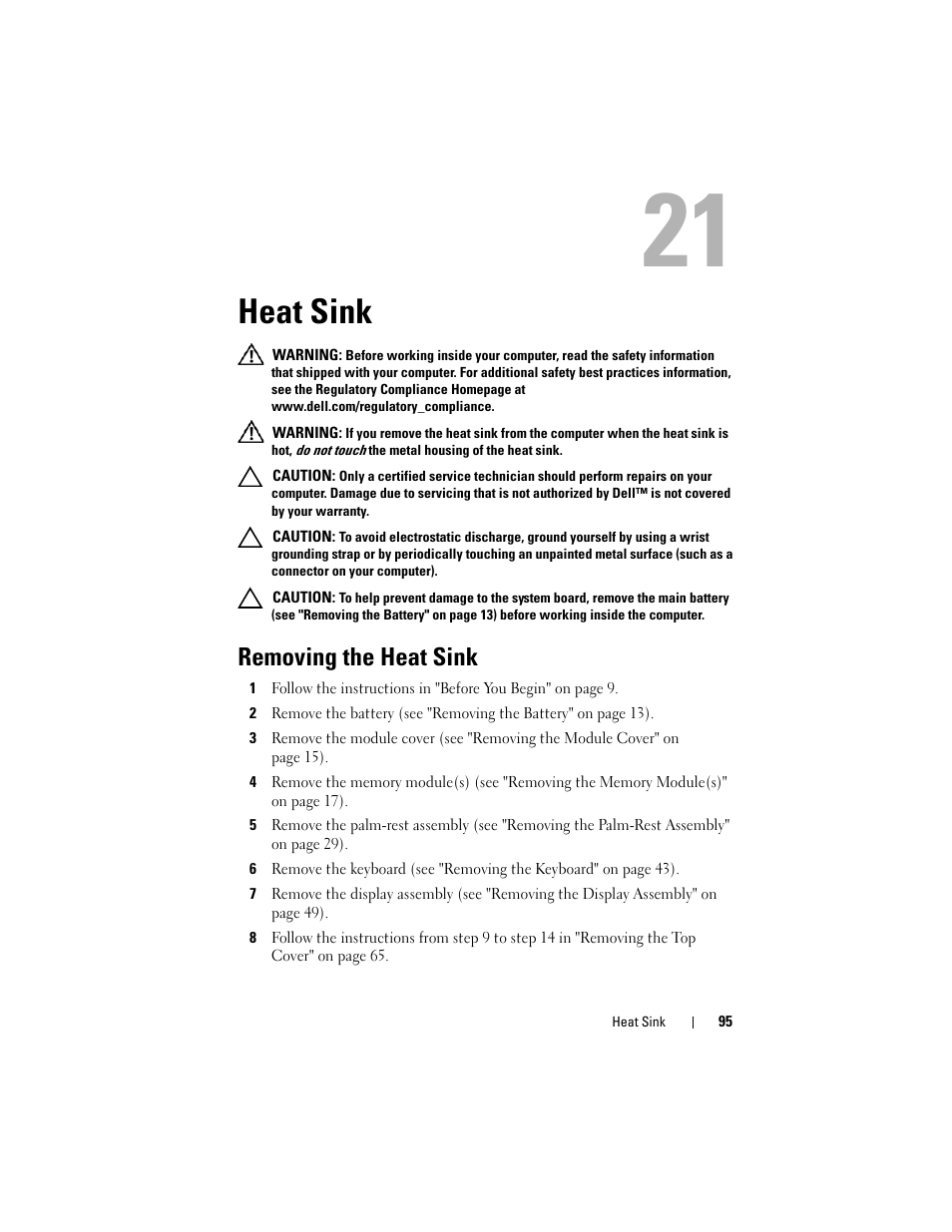 Heat sink, Removing the heat sink | Dell XPS 15 (L501X, Late 2010) User Manual | Page 95 / 114