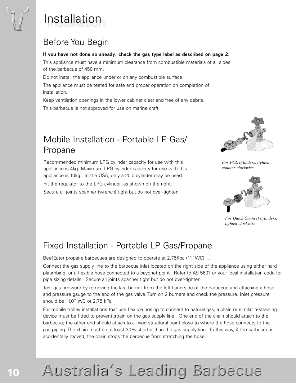 Installation, Mobile installation - portable lp gas/ propane, Before you begin | Fixed installation - portable lp gas/propane | BeefEater SL4000s User Manual | Page 10 / 21