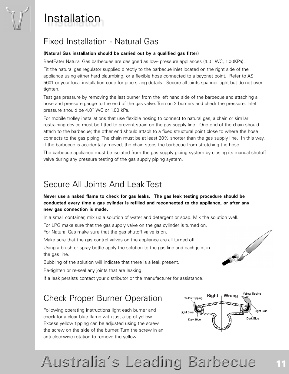 Installation, Fixed installation - natural gas, Secure all joints and leak test | Check proper burner operation | BeefEater SL4000s User Manual | Page 11 / 21