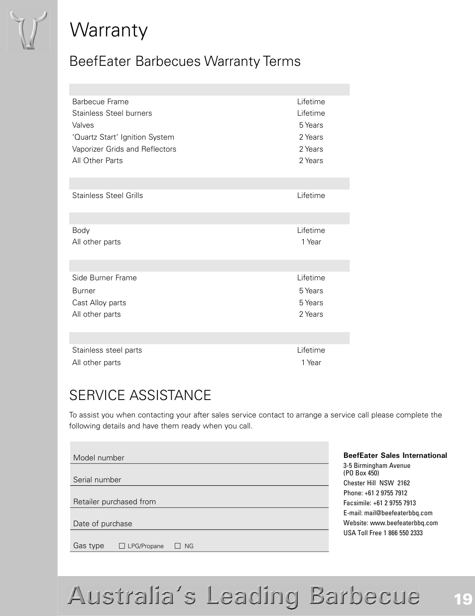 Warranty, Beefeater barbecues warranty terms, Service assistance | BeefEater SL4000s User Manual | Page 19 / 21