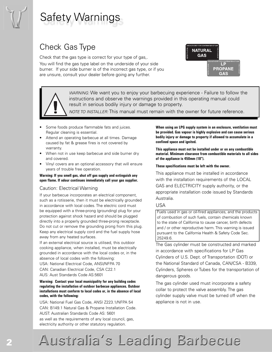 Safety warnings, Check gas type | BeefEater SL4000s User Manual | Page 2 / 21
