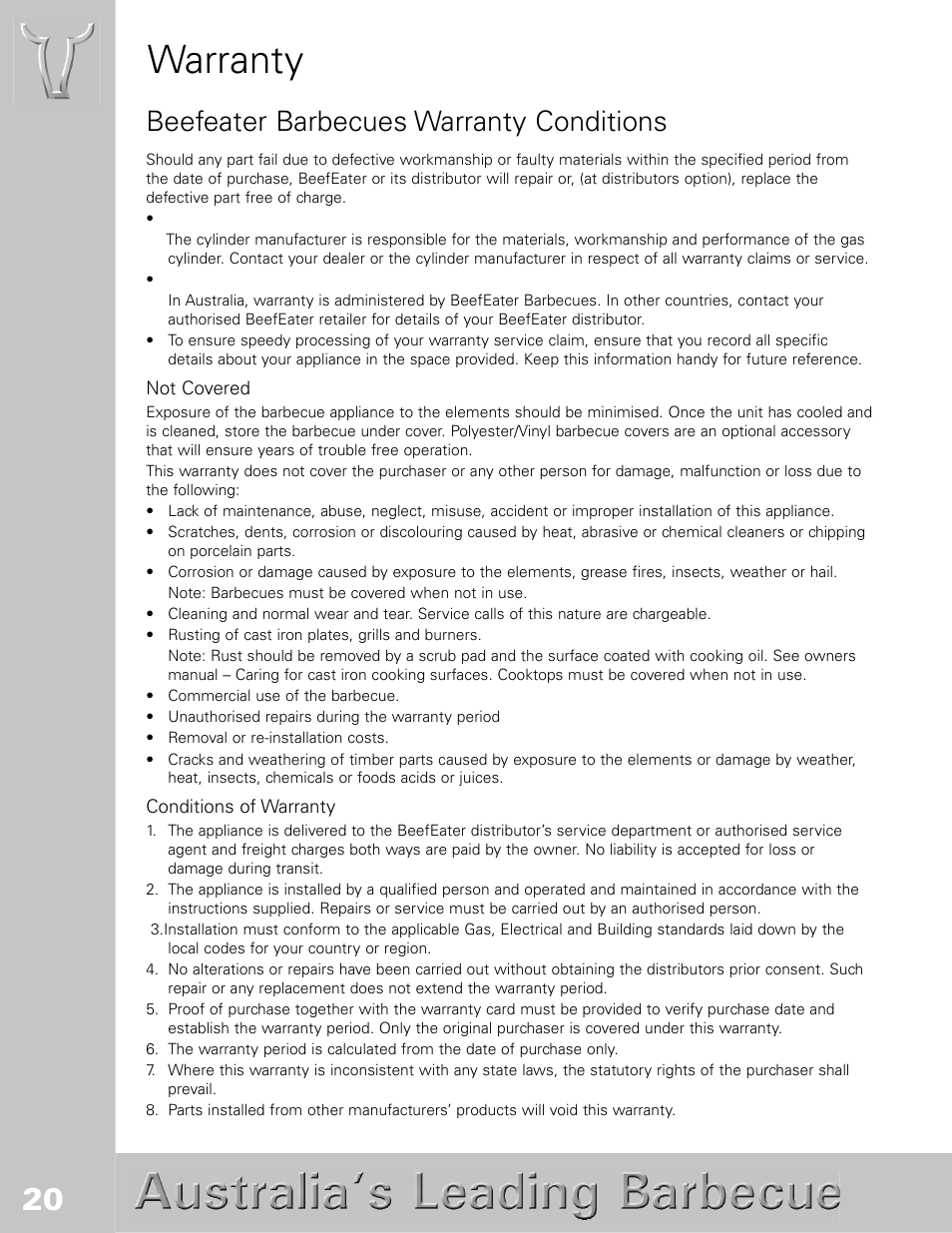 Warranty, Beefeater barbecues warranty conditions | BeefEater SL4000s User Manual | Page 20 / 21