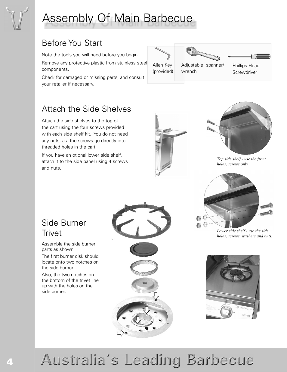 Assembly of main barbecue, Before you start, Attach the side shelves | Side burner trivet | BeefEater SL4000s User Manual | Page 4 / 21