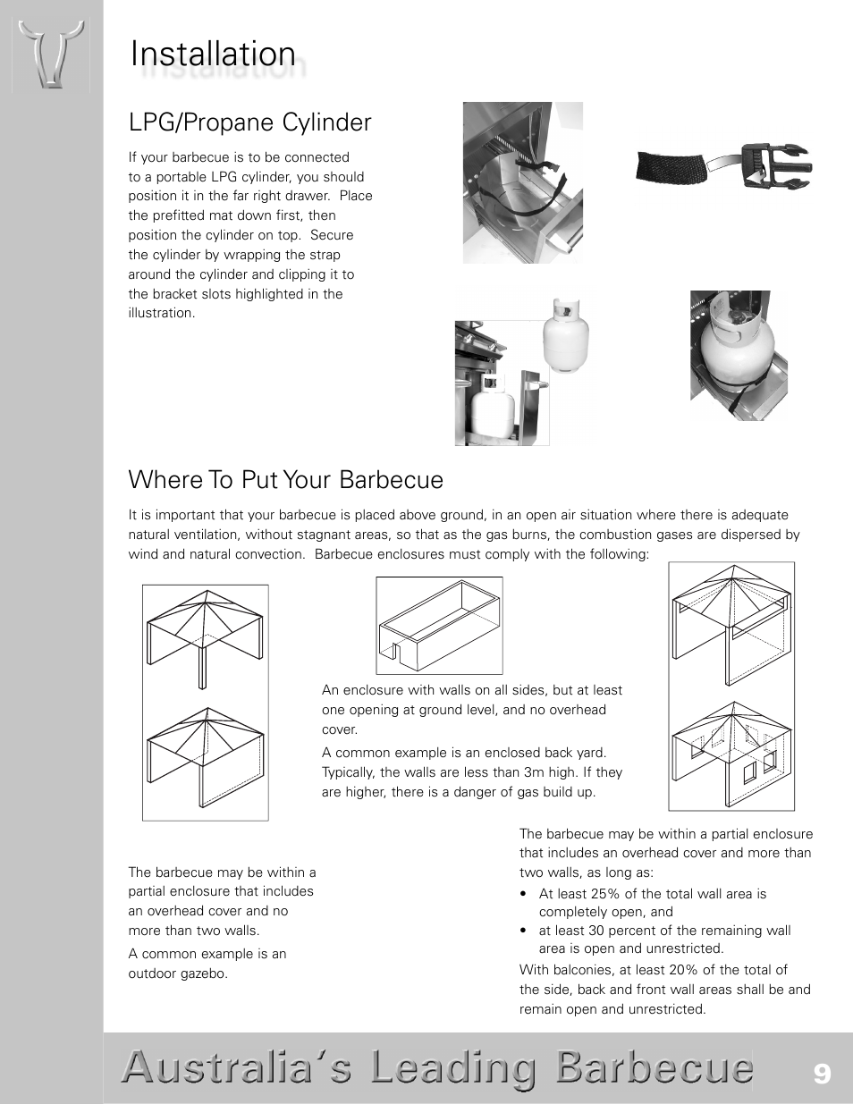 Installation, Where to put your barbecue, Lpg/propane cylinder | BeefEater SL4000s User Manual | Page 9 / 21