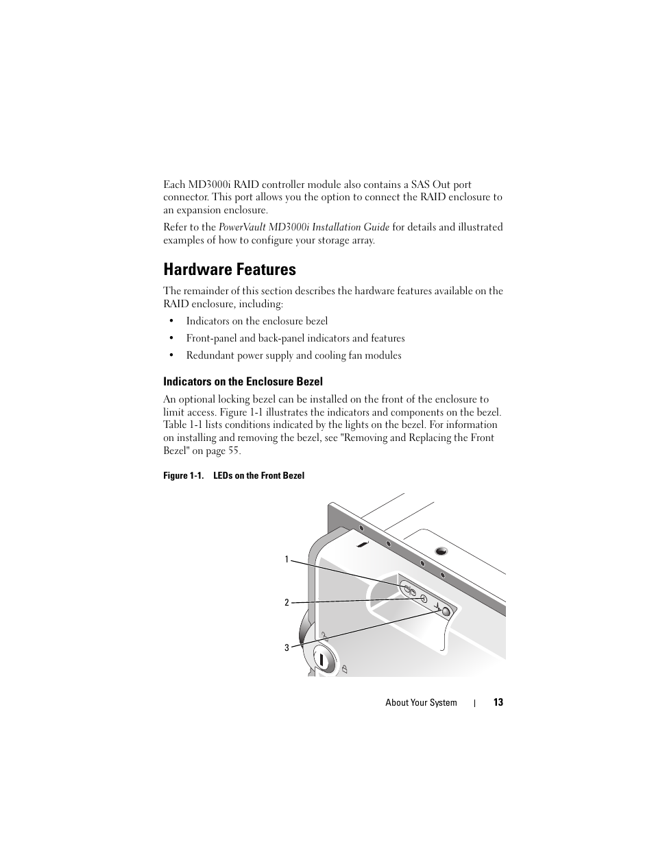 Hardware features, Indicators on the enclosure bezel | Dell PowerVault MD3000i User Manual | Page 13 / 106