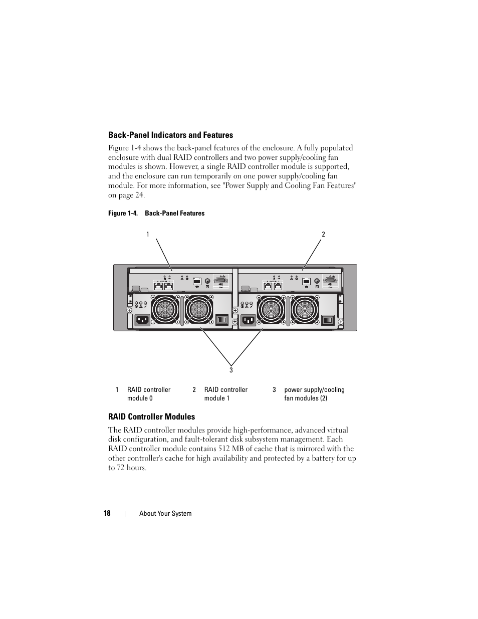 Back-panel indicators and features, Raid controller modules | Dell PowerVault MD3000i User Manual | Page 18 / 106