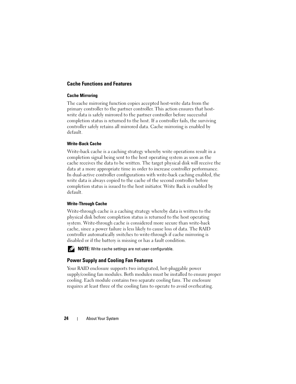 Cache functions and features, Power supply and cooling fan features | Dell PowerVault MD3000i User Manual | Page 24 / 106