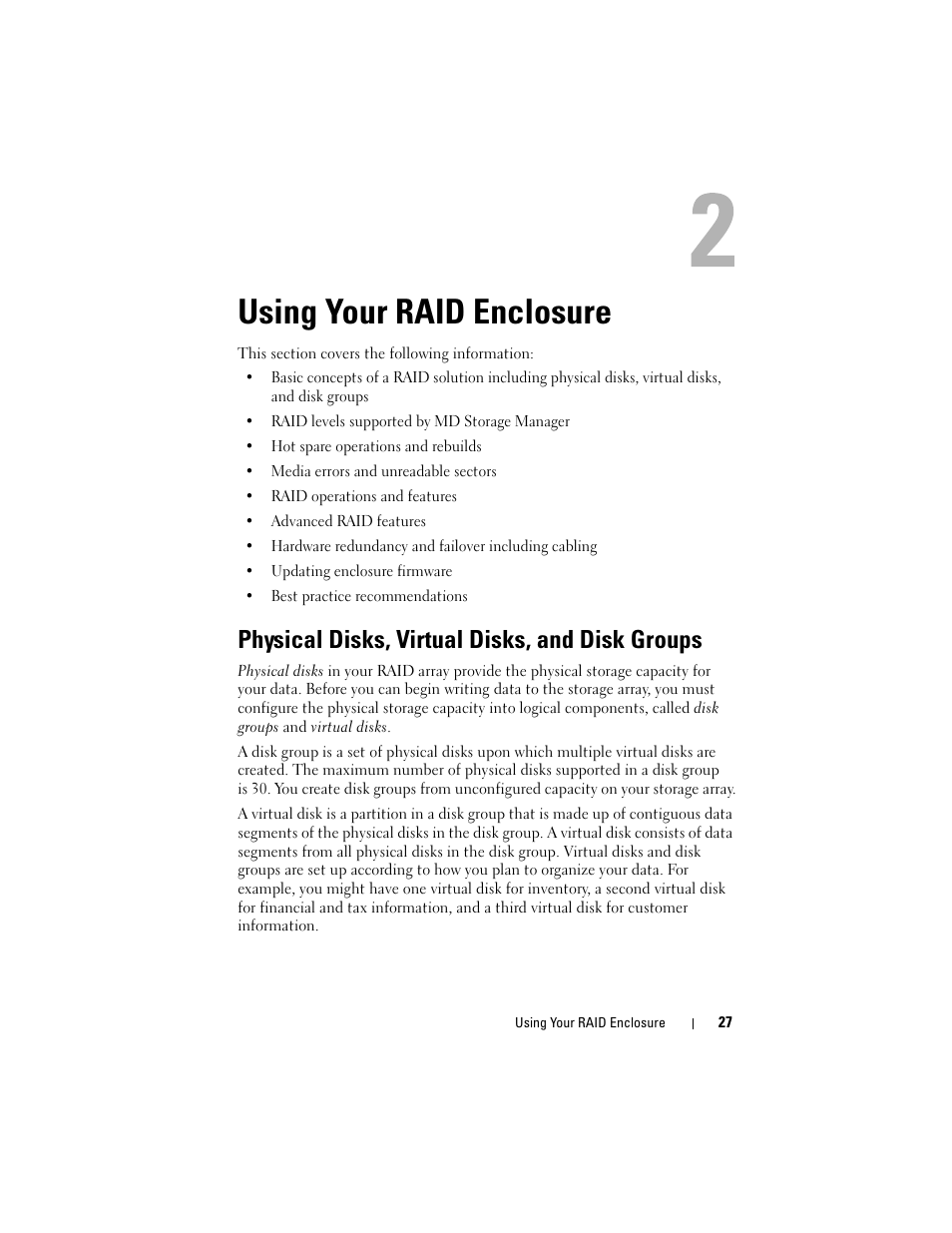 Using your raid enclosure, Physical disks, virtual disks, and disk groups | Dell PowerVault MD3000i User Manual | Page 27 / 106