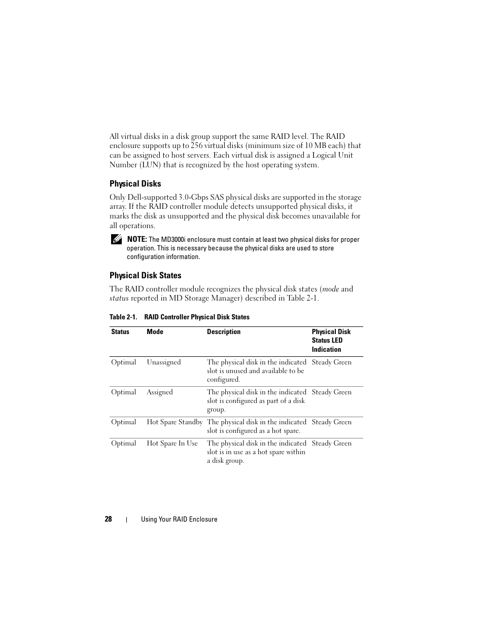 Physical disks, Physical disk states | Dell PowerVault MD3000i User Manual | Page 28 / 106