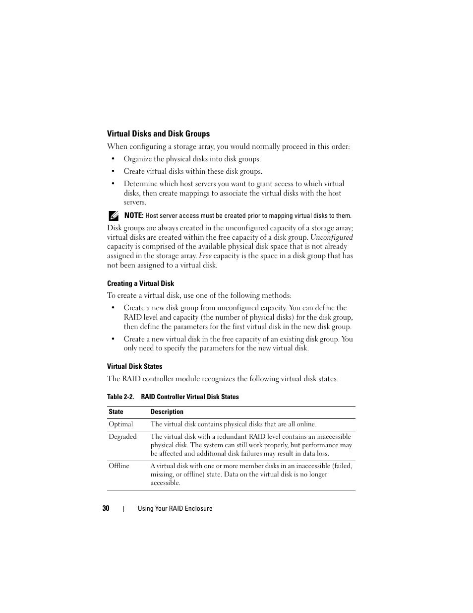 Virtual disks and disk groups | Dell PowerVault MD3000i User Manual | Page 30 / 106