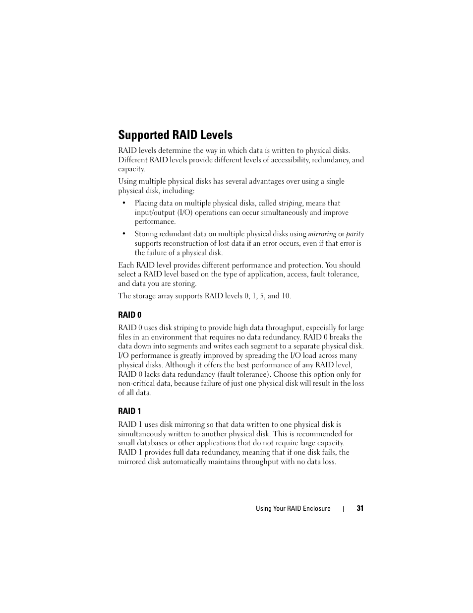 Supported raid levels, Raid 0, Raid 1 | Dell PowerVault MD3000i User Manual | Page 31 / 106
