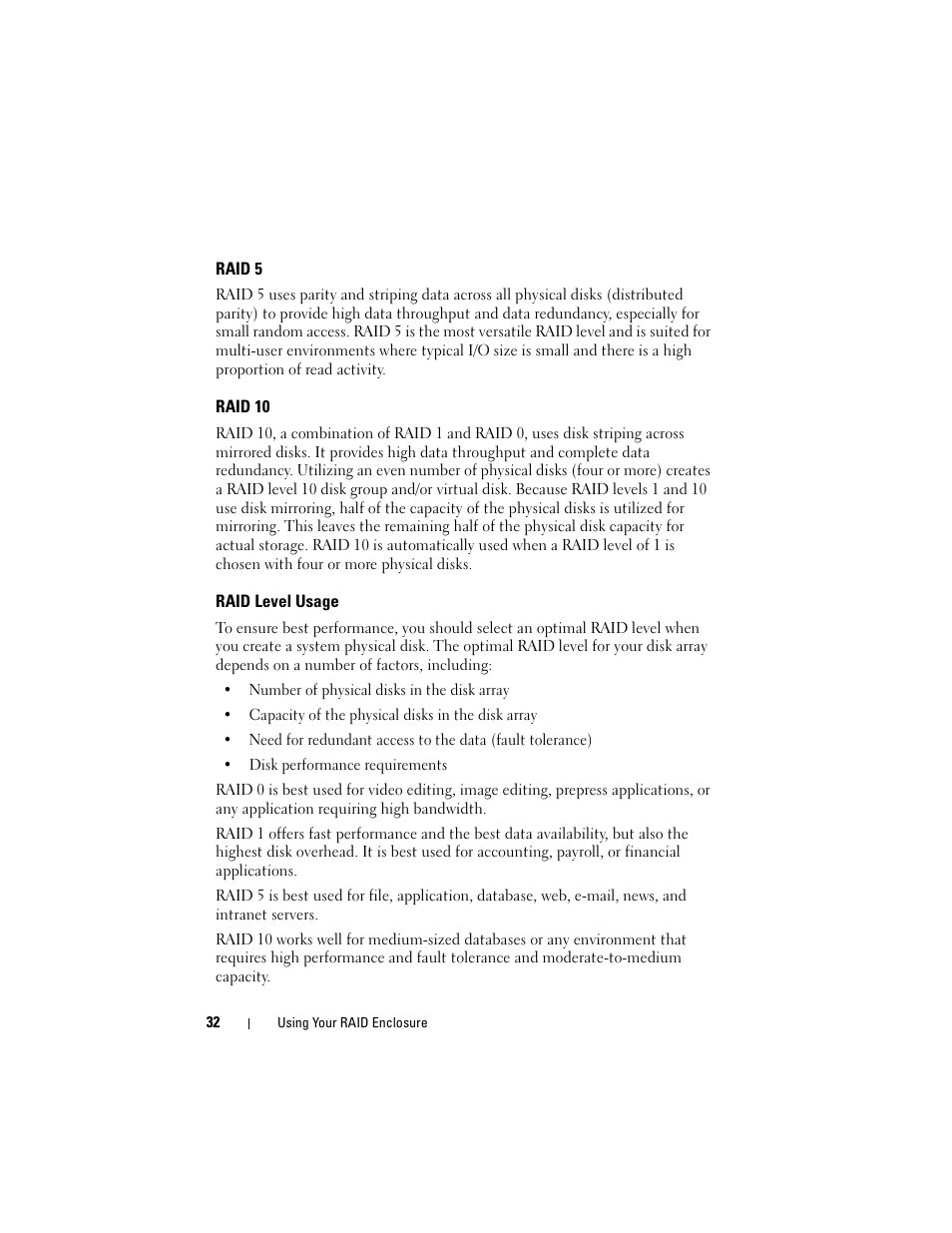 Raid 5, Raid 10, Raid level usage | Dell PowerVault MD3000i User Manual | Page 32 / 106