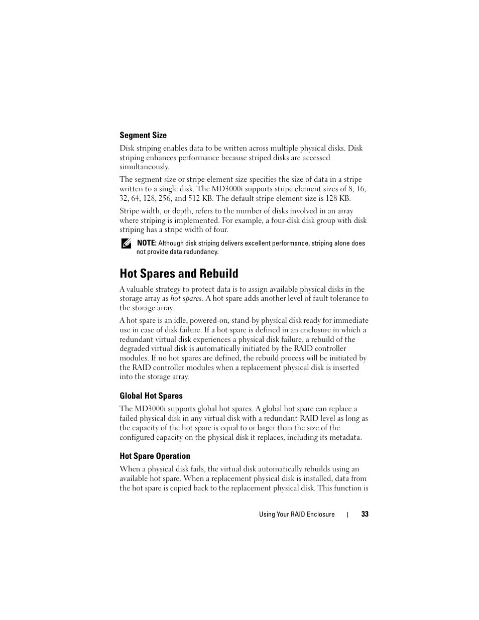 Segment size, Hot spares and rebuild, Global hot spares | Hot spare operation | Dell PowerVault MD3000i User Manual | Page 33 / 106