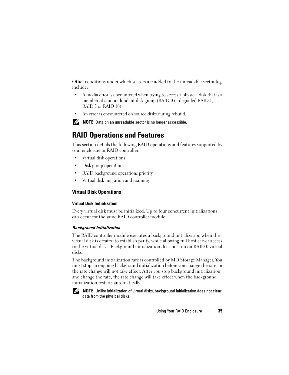 Raid operations and features, Virtual disk operations | Dell PowerVault MD3000i User Manual | Page 35 / 106