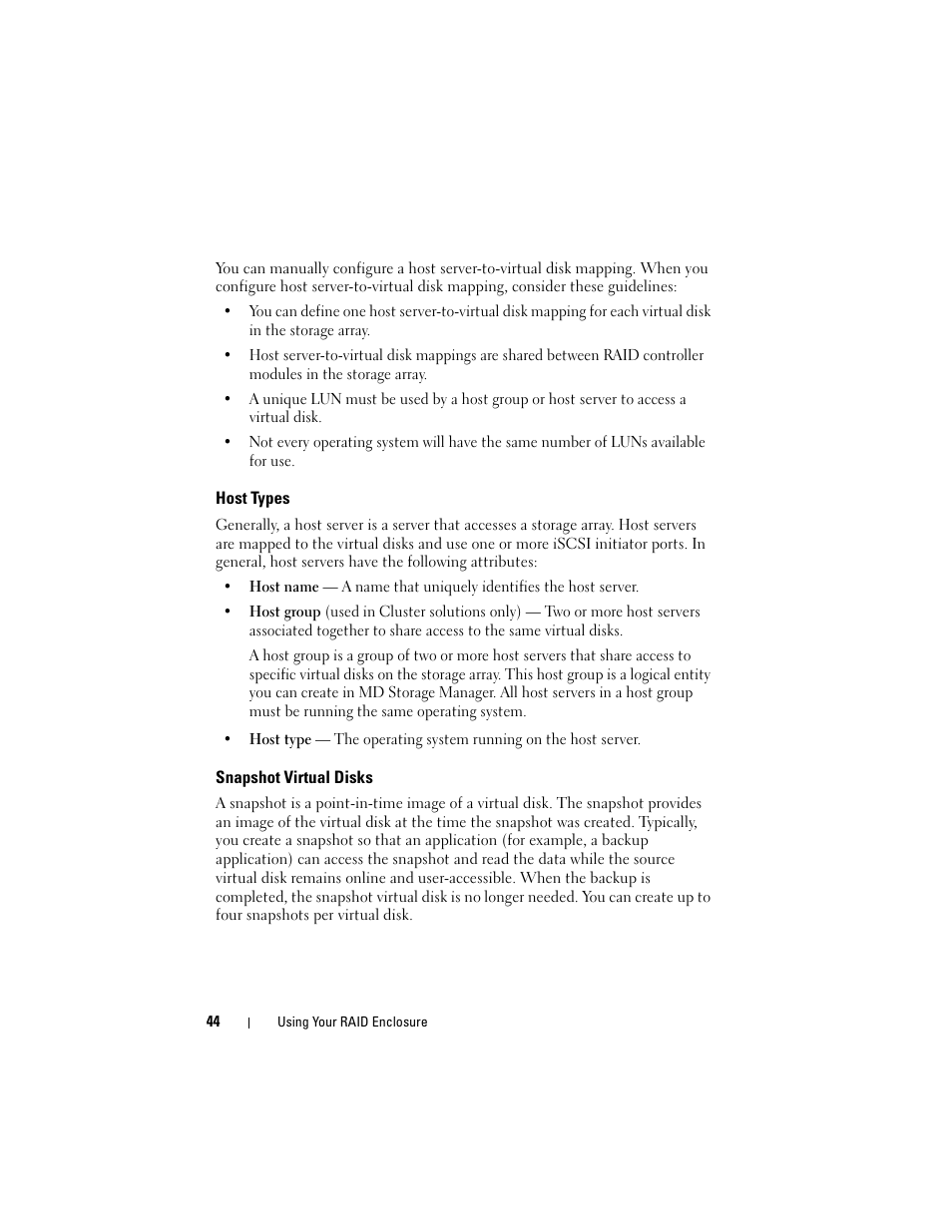 Host types, Snapshot virtual disks | Dell PowerVault MD3000i User Manual | Page 44 / 106