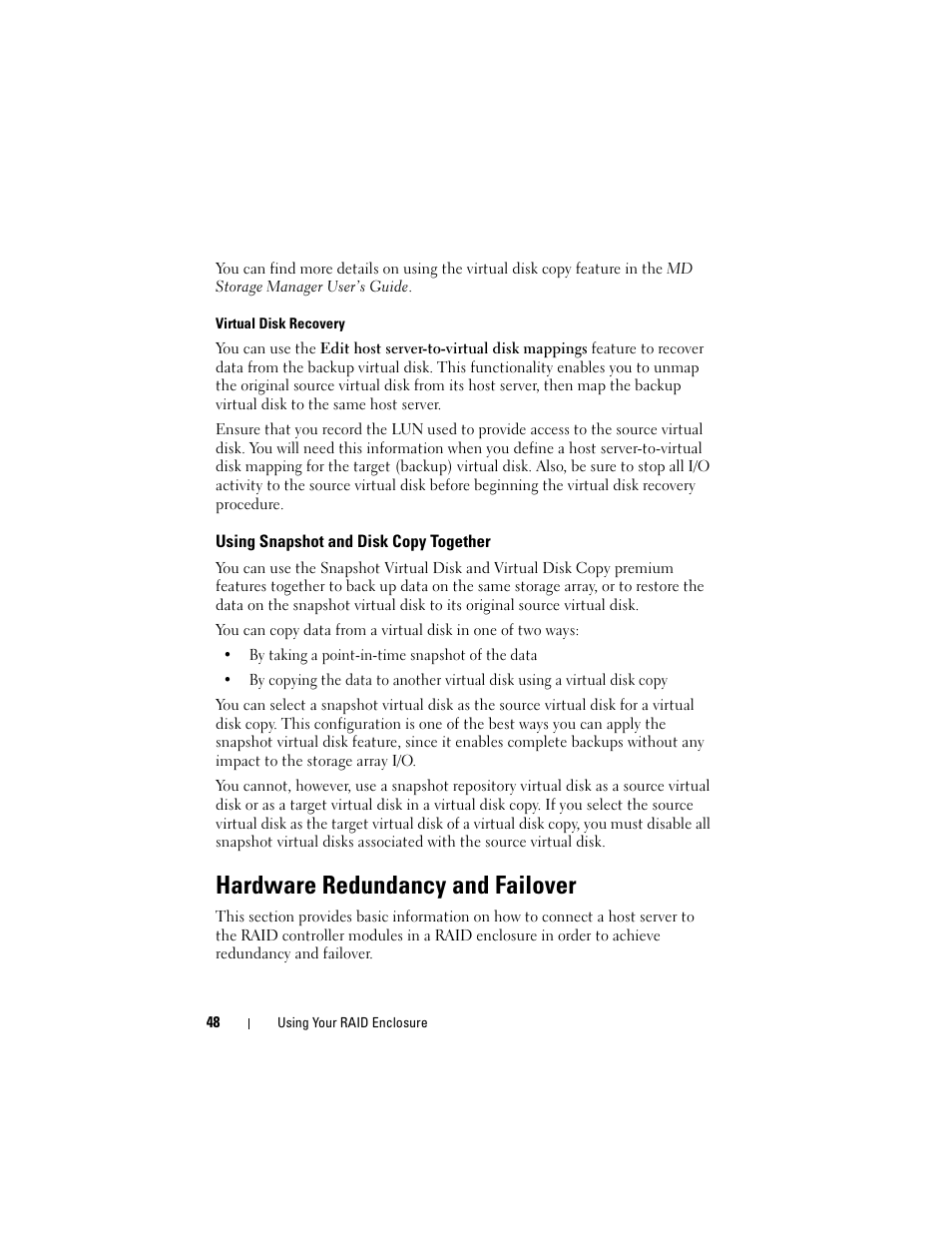 Using snapshot and disk copy together, Hardware redundancy and failover | Dell PowerVault MD3000i User Manual | Page 48 / 106