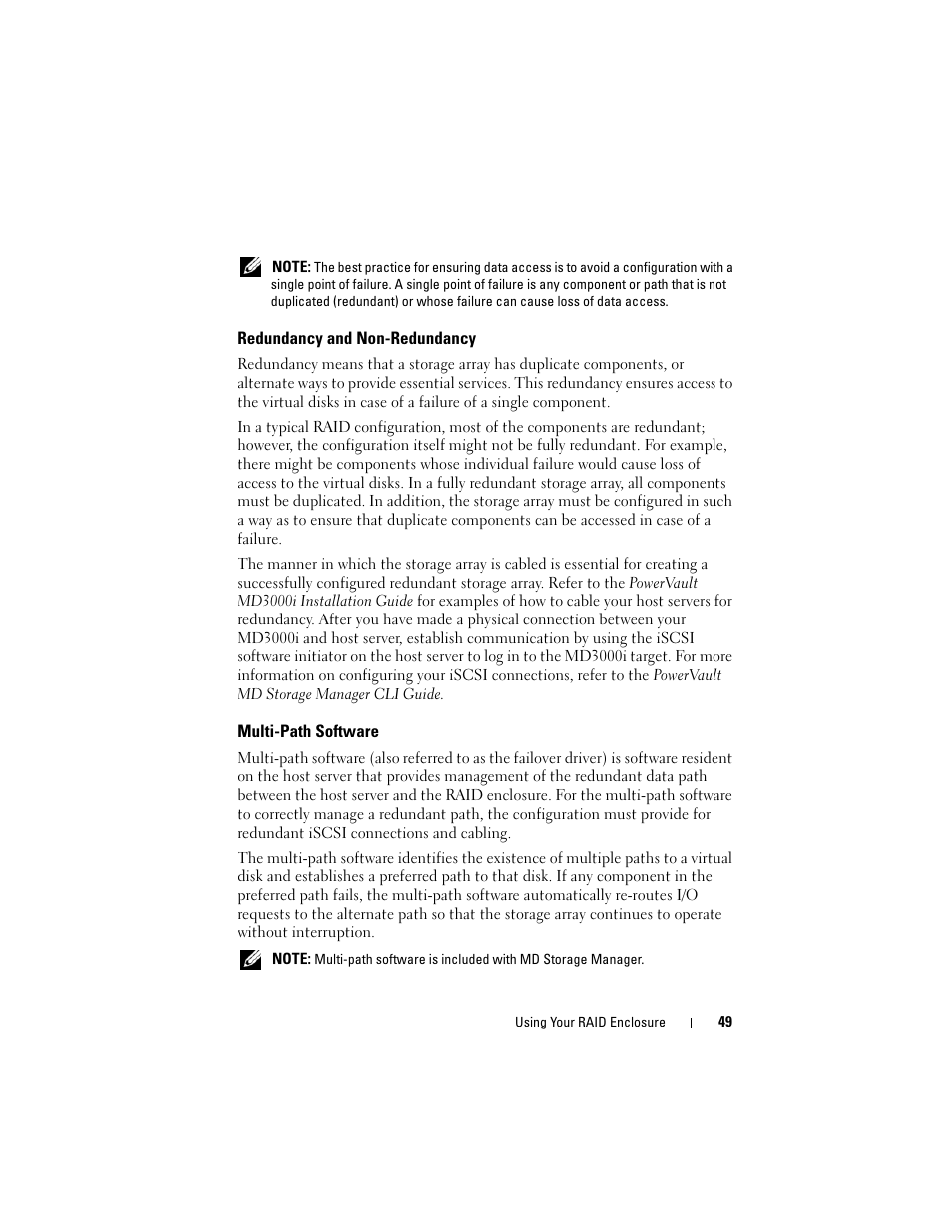 Redundancy and non-redundancy, Multi-path software | Dell PowerVault MD3000i User Manual | Page 49 / 106