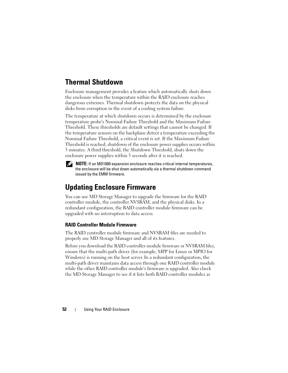 Thermal shutdown, Updating enclosure firmware, Raid controller module firmware | Dell PowerVault MD3000i User Manual | Page 52 / 106