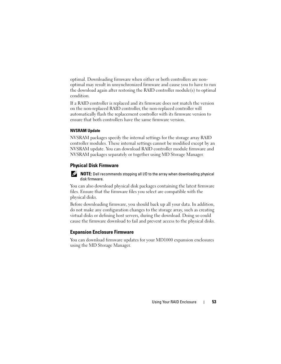 Physical disk firmware, Expansion enclosure firmware | Dell PowerVault MD3000i User Manual | Page 53 / 106