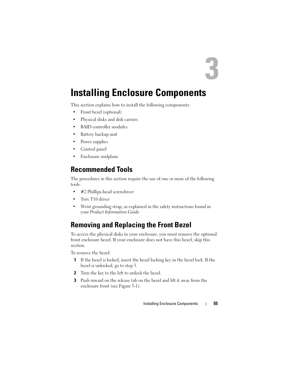 Installing enclosure components, Recommended tools, Removing and replacing the front bezel | Dell PowerVault MD3000i User Manual | Page 55 / 106