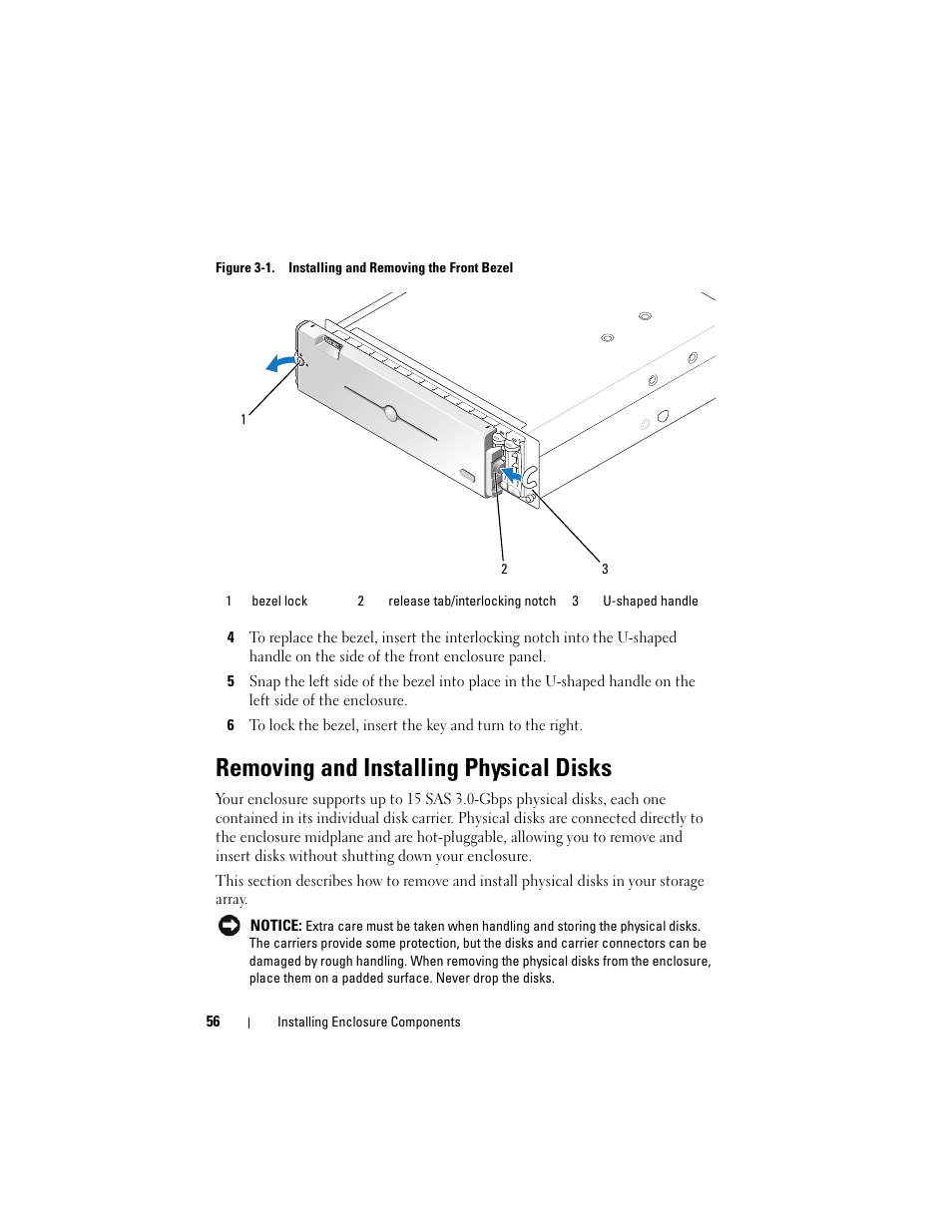 Removing and installing physical disks | Dell PowerVault MD3000i User Manual | Page 56 / 106