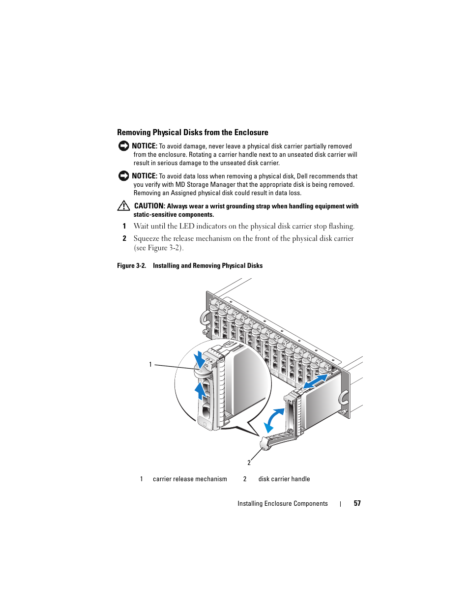 Removing physical disks from the enclosure | Dell PowerVault MD3000i User Manual | Page 57 / 106