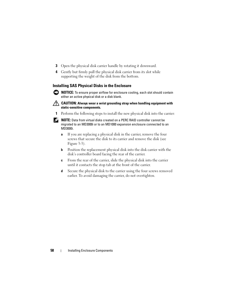 Installing sas physical disks in the enclosure | Dell PowerVault MD3000i User Manual | Page 58 / 106