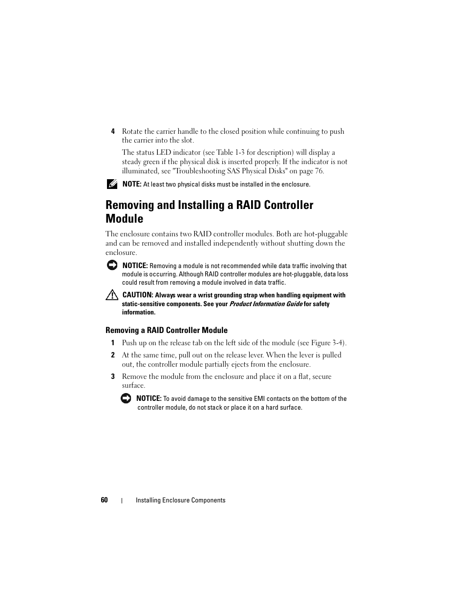 Removing and installing a raid controller module, Removing a raid controller module | Dell PowerVault MD3000i User Manual | Page 60 / 106