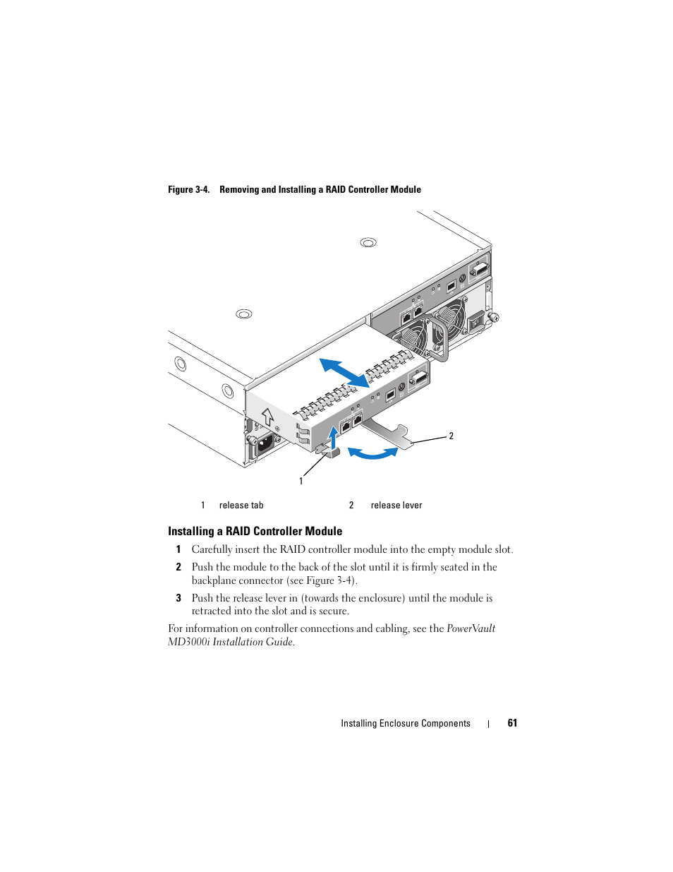 Installing a raid controller module | Dell PowerVault MD3000i User Manual | Page 61 / 106