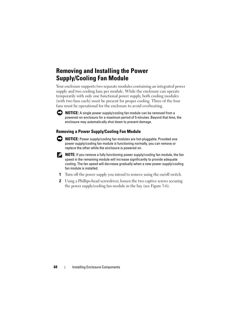 Removing a power supply/cooling fan module | Dell PowerVault MD3000i User Manual | Page 64 / 106