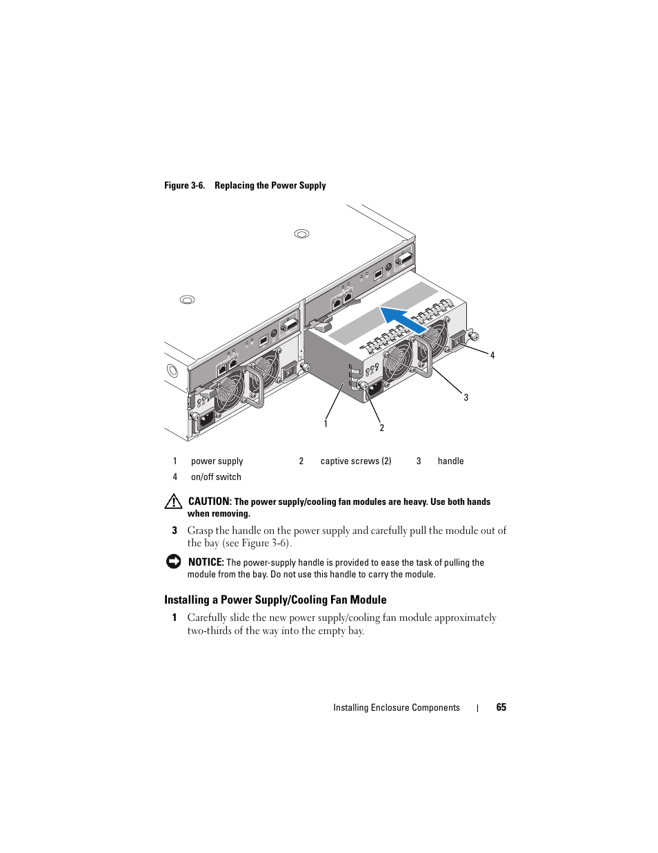 Installing a power supply/cooling fan module | Dell PowerVault MD3000i User Manual | Page 65 / 106
