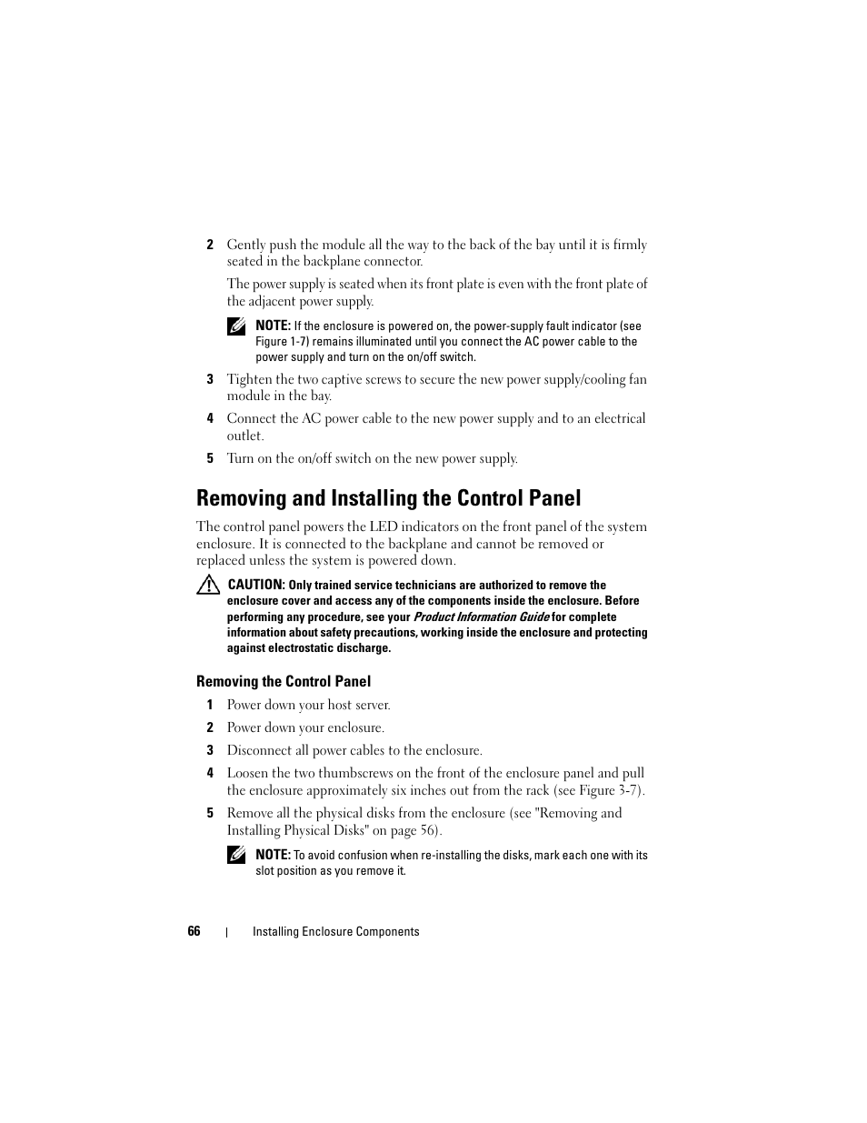 Removing and installing the control panel, Removing the control panel | Dell PowerVault MD3000i User Manual | Page 66 / 106